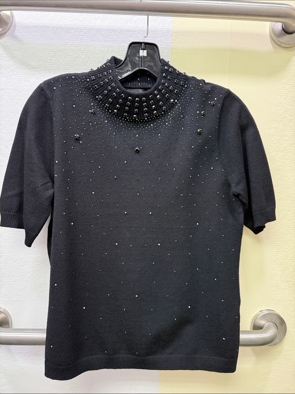 Black Embellished Short-Sleeve Sweater - Women's